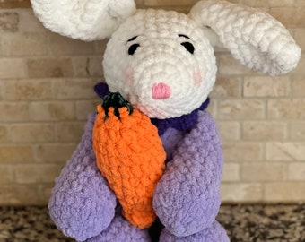 Crochet Bunny Plushie Snuggler, Easter Bunny, Bunny with Carrot, White and Purple Bunny, Baby Shower Gift, Birthday Bunny Gift Ptesent