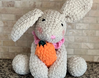 Crochet Bunny Plushie Snuggler, Easter Bunny, Bunny with Carrot, Light Tan Bunny with Pink Collar, Baby Shower Gift, Birthday Bunny