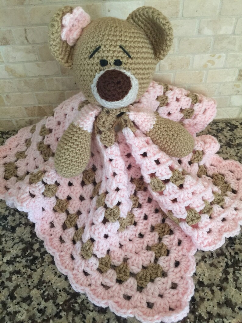 Crochet Teddy Bear Lovey Security Travel Blanket Wubby Pink Blanket