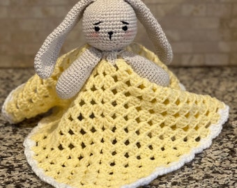 Yellow Bunny Lovey, Baby Shower Gift, Handmade Bunny  Lovey, Crochet Animal Lovey, Stuffed Rabbit Lovey, Stuffed Animal Blanket, Baby Bunny
