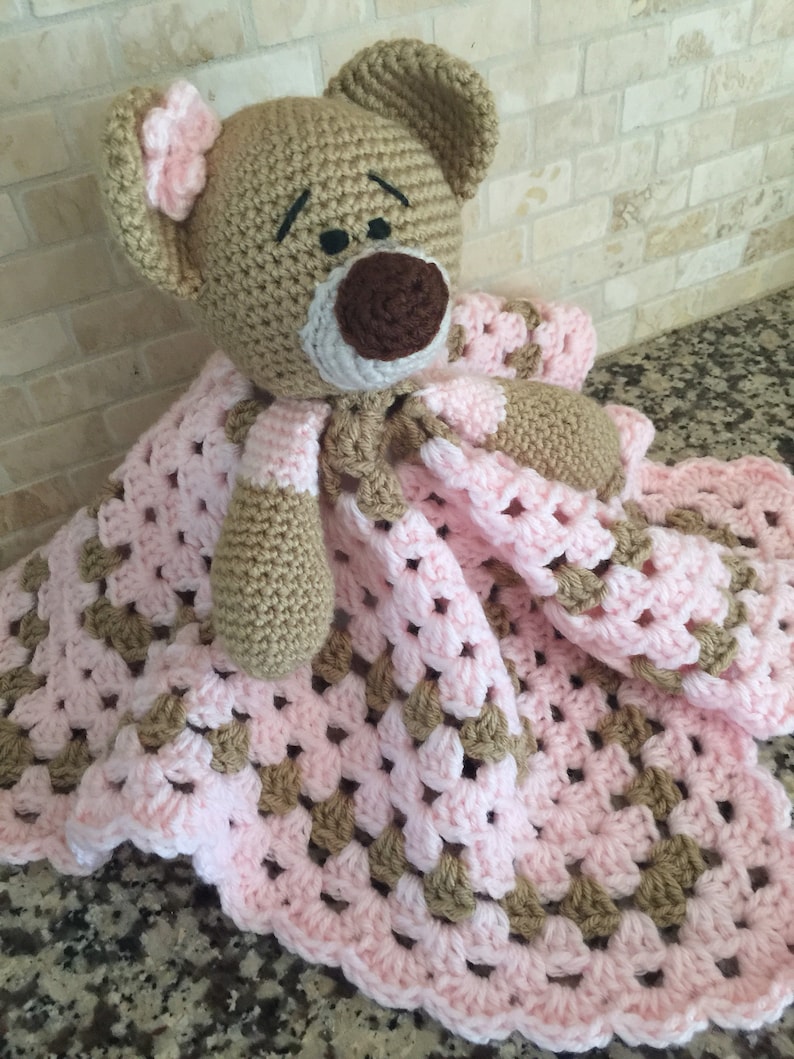 Crochet Teddy Bear Lovey Security Travel Blanket Wubby Pink Blanket