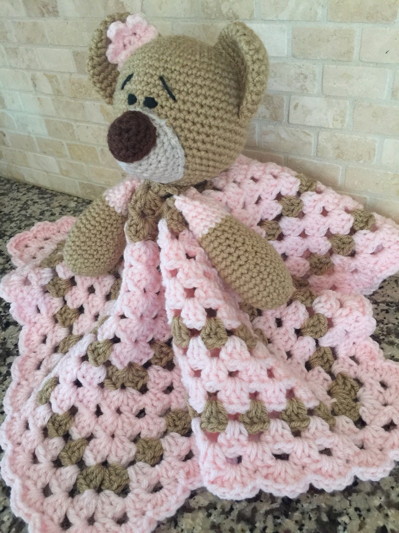 Crochet Teddy Bear Lovey Security Travel Blanket Wubby Pink Blanket