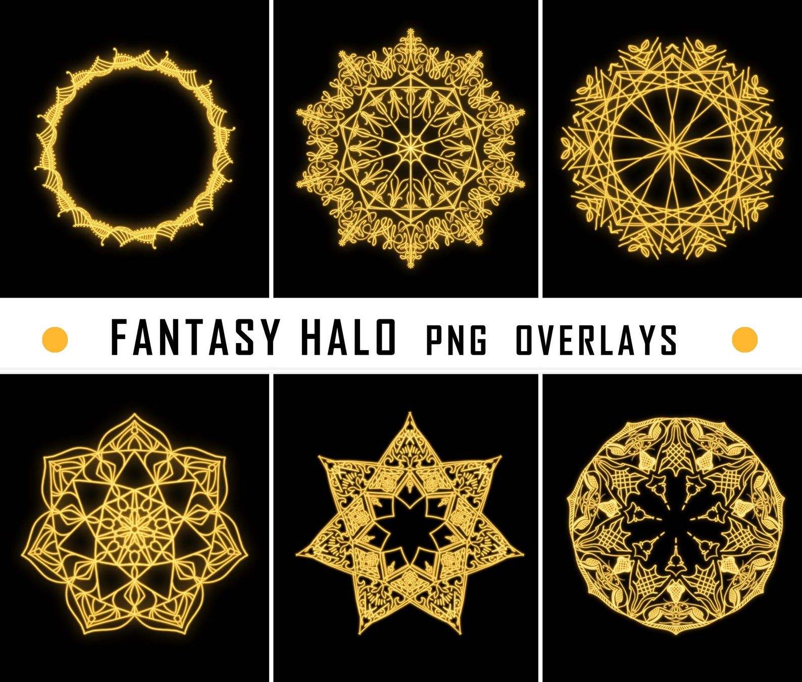 Glowing Fantasy HALO Overlays Gold Yellow Clip Art PNG Files Set of 6