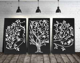 Metal Privacy Screen, Decorative Panel,  Outdoor, Garden, Fence,  Art - Wispy Tree 3-Panel Set