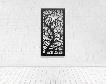 May include: A rectangular black metal wall panel featuring a laser-cut design of a tree with intricate, sprawling branches and leaves. The panel has four small circular mounting holes, one located in each of the four corners of the frame.