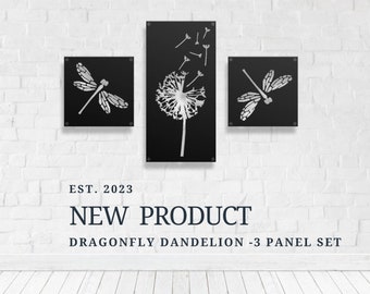 Metal Wall Art, Multi Piece Set, Privacy Panels, Dragonfly Dandelion 3-Panel Set