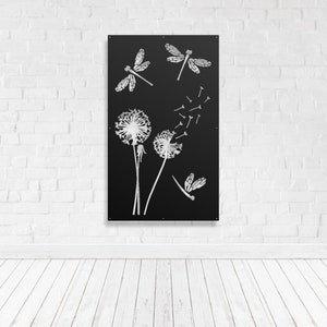 Metal Privacy Screen, Decorative Panel, Outdoor Garden Fence, Art - Dragonfly Dandelion