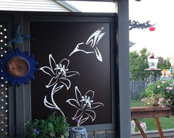 Metal Privacy Screen, Decorative Panel, Outdoor Garden, Fence, Art - Hummingbird Flower