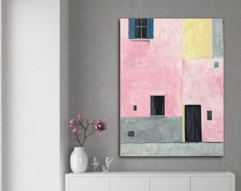 Pink Abstract Painting large Houses Wall Art Canvas Painting Modern Artwork on stretched Canvas