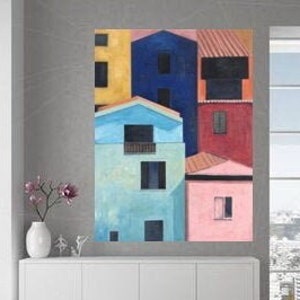 Large Abstract Painting on Canvas,  Original Modern Painting, Abstract Wall Art, Abstract Houses Painting