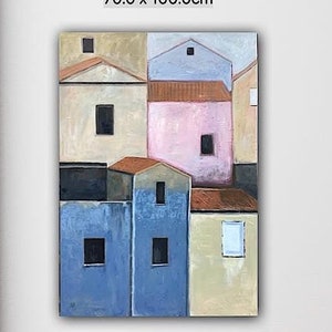 Grote abstracte huizen met grote originele muurkunst dorpsschilderij van Sonja Alfreder