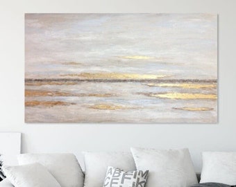 Golden large abstract painting landscape wall art on canvas gold leaf, white beige