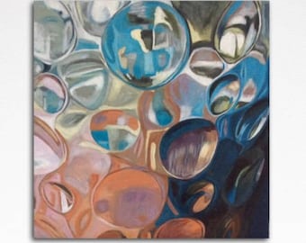 May include: Abstract painting of overlapping circles in shades of blue, brown, and pink. The circles are layered on top of each other, creating a sense of depth and movement.
