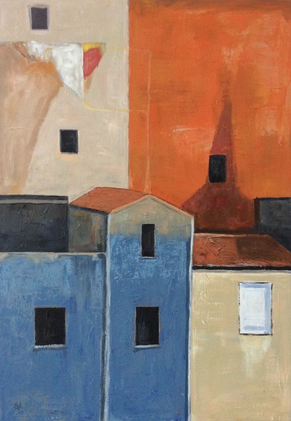 Large Abstract Houses Painting Large Original Wall Art Village