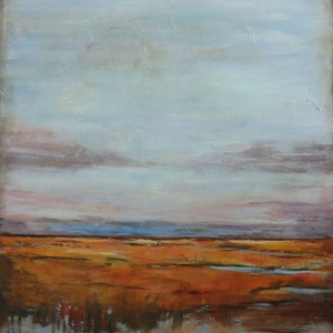 May include: Abstract painting of a landscape with a blue sky, orange and brown fields, and a reflection of the sky in a body of water.