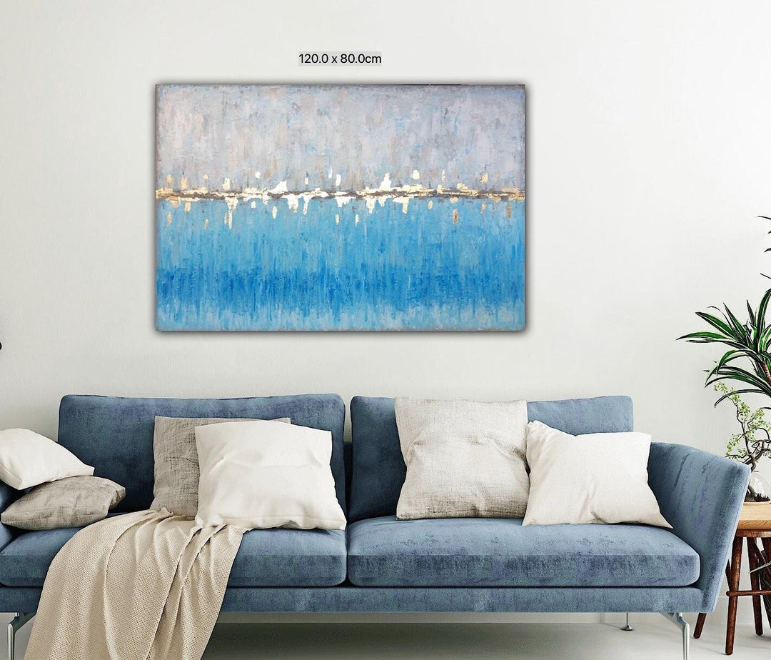 Painting for Living Room, Blue Home Decoration With Gold Leaf, Large ...