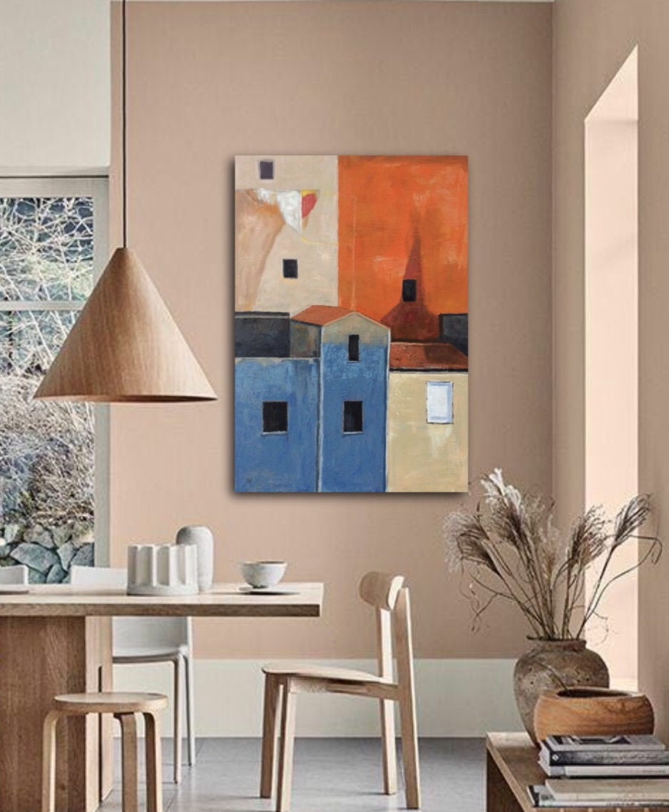 Large Abstract houses painting large original wall art village Etsy