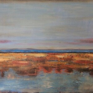 May include: Abstract landscape painting with a muted colour palette. The artwork features a light blue sky, a horizon line with a band of blue, and a foreground of warm, earthy tones. The painting evokes a sense of calm.