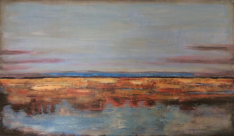May include: Abstract landscape painting with a muted colour palette. The artwork features a light blue sky, a horizon line with a band of blue, and a foreground of warm, earthy tones. The painting evokes a sense of calm.