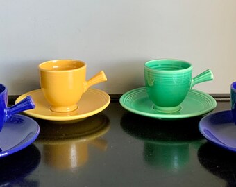 Vintage Fiestaware Stick-Handled Demitasse Cup & Saucer -- Only 3 Left — 2 Colors -- Cobalt or Green — Free Shipping!