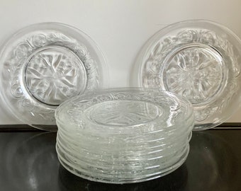 set of 9 Vintage Clear Pressed Glass Salad Plates with Floral Design -- Free Shipping!!