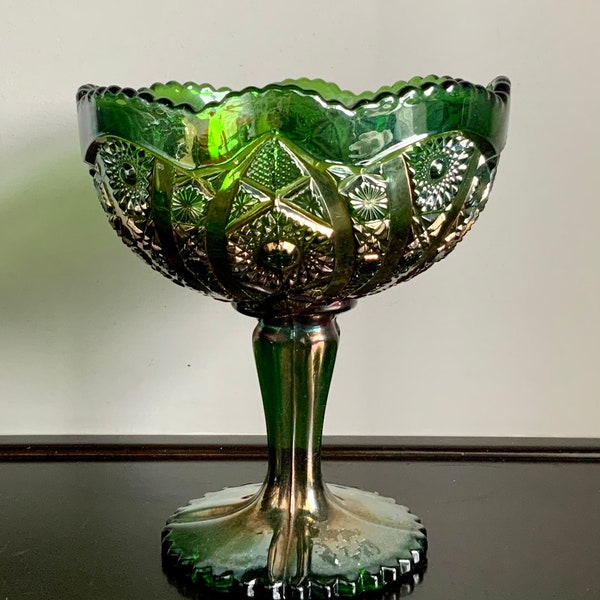 Indiana Glass Co. Iridescent Green Heirloom Carnival Glass Compote Bowl -- Free Shipping!!