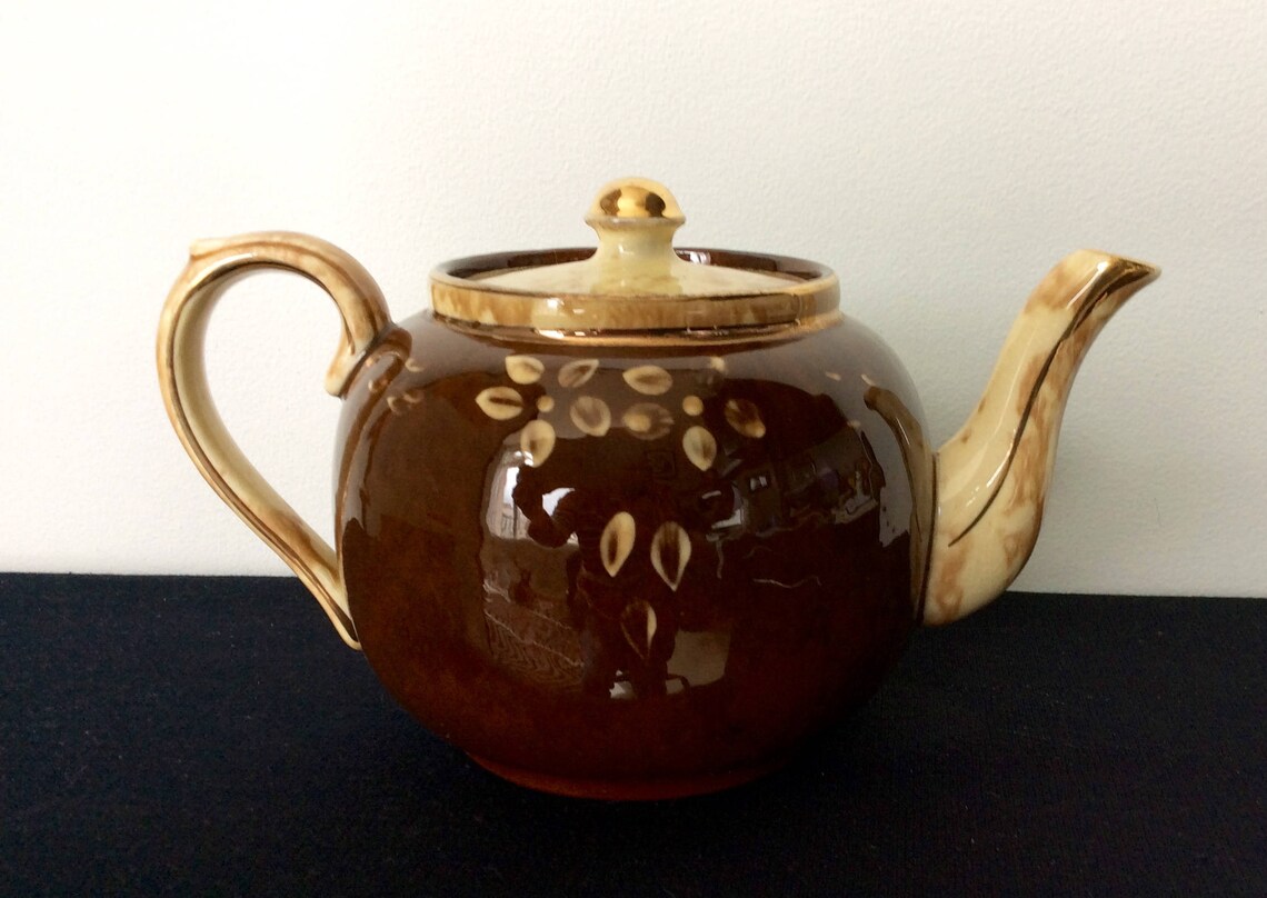 Sudlow Teapot Handpainted Brown Marble with Flowers Free Etsy