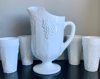 Indiana Colony Large Harvest Milk Glass 72 Oz. Ice Lip Pitcher & 4 Coolers -- Free Shipping!!