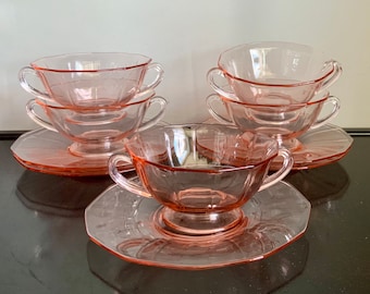 Set of 5 Pink Depression Glass Cream Soup Bowls & Saucers --- Free Shipping!!