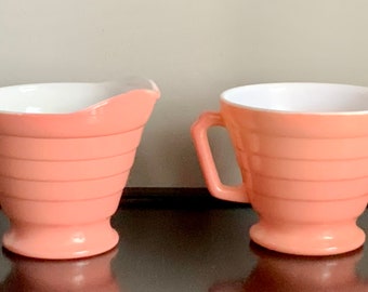 Hazel Atlas Moderntone Platonite Pastel Pink Footed Sugar & Creamer Set -- Free Shipping!!