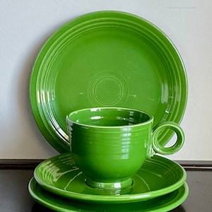 4-Piece Set of Vintage Forest Green Fiestaware — Cup, Saucer & Bread  and Salad Plate —Free Shipping!