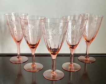 Set of 5 Pink Etched Depression Wine Glasses -- Free Shipping!!