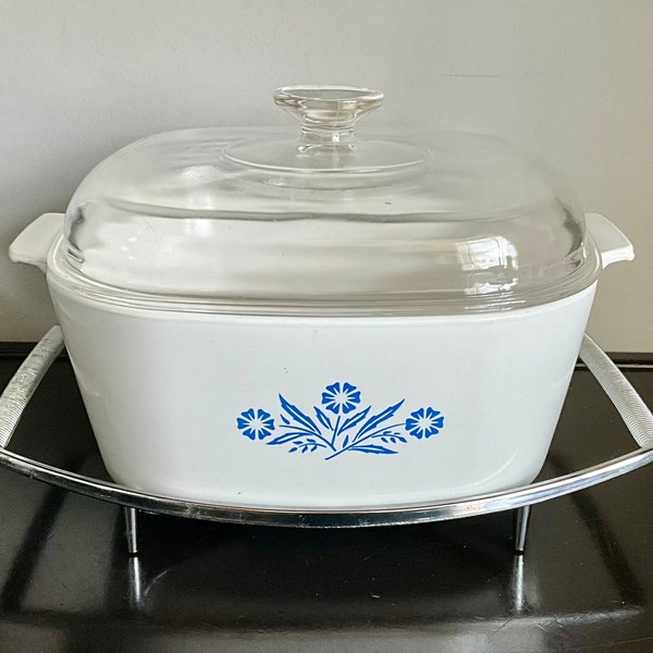 Vintage Corning Cornflower Blue 4 Quart Square Covered Casserole (P-84-B) with Lid (A-12-C) and Serving Stand (P-10-M-1)  — Free Shipping!!