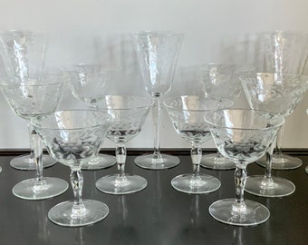 Depression Glass Goblets -- Etched Daisies -- 3 Sets Available -- Water, Wine & Champagne -- Free Shipping!!