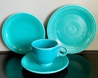 4-Piece Set of Vintage Original Turquoise Fiestaware - Saucer, Cup, Bread & Salad Plate — Free Shipping!!