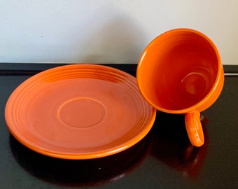 Rare Vintage Fiestaware  Radioactive Red Flat-Bottom Cup (with Interior Rings) & Saucer — Only Produced 1 Year (1936) -- Free Shipping!!