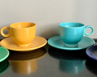 Set of 4 Vintage Fiestaware Cups and Saucers -- Yellow, Green, Turquoise & Cobalt -- Free Shipping!!