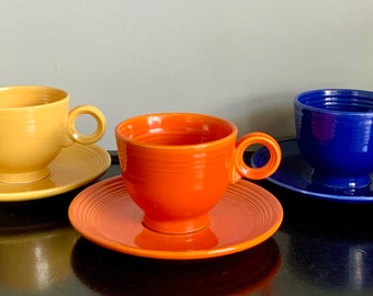 Set of 3 Rare Vintage Fiestaware  Flat-Bottom Cup & Matching Saucer Sets -- Red, Cobalt, Yellow — Only Produced in 1936 -- Free Shipping!!