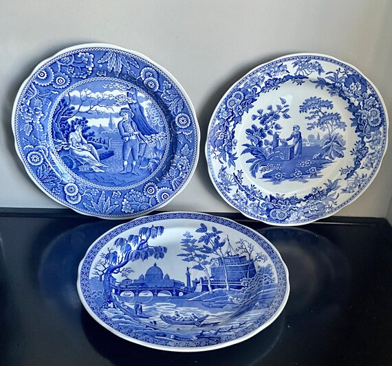 Spode Blue Room Georgian Dinner Plates: Woodman, Rome, Girl at