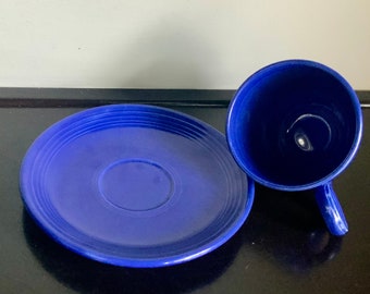 Rare Vintage Cobalt Blue Fiestaware Flat-Bottom Cup & Matching Saucer — Only Produced in 1936 -- Free Shipping!!