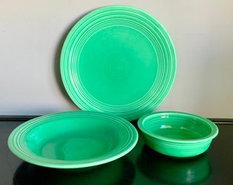 3-Piece Set of Vintage Original Green Fiestaware -- Lunch Plate , Rimmed Soup & Fruit Bowl -- Free Shipping!!