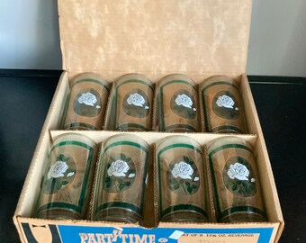 Set of 8 Party Time by Libbey #306 High Ball/Flat Tumblers (New in Box) — White Rose with Gold &Green Accents — Free Shipping!!