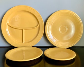 4-Piece Set of Vintage Original Yellow Fiestaware -- Divided Grill, Lunch, Salad & Bread Plate -- Free Shipping!!