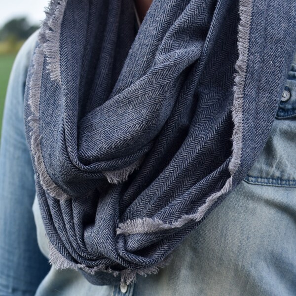 Navy Soft Infinity Scarf, Navy Herringbone Flannel Infinity Scarf