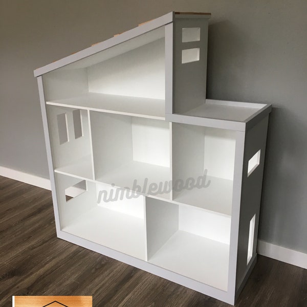 Large Dollhouse, for dolls up to 10".  45" x 15” x 51”H with 15" room heights. Made to order