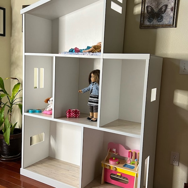Large Dollhouse 22" room heights for 18" dolls (1:4.5 scale) 48" x 15" x 72"H with 22" room heights. Made to order