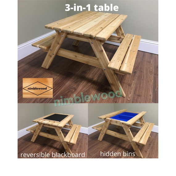 Kids Sensory Picnic Table 3 in 1 Transformer With Sand Water storage Bins and Blackboard Pre school toddler Etsy