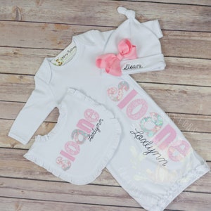 Baby girl coming home outfit, girls baby gown, newborn girl coming home outfit, baby girl hat with bow, Applique name gown.