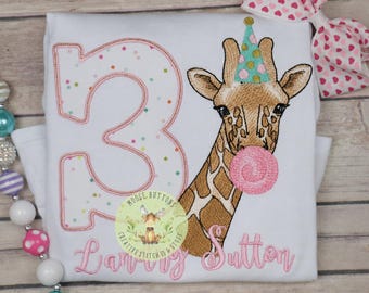 Giraffe Birthday Shirt, Party Animal, Bubblegum, Custom Name, Girls Zoo Outfit
