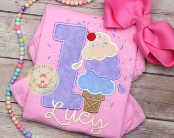 Girls Ice Cream Birthday Shirt, Custom Name, Sweet One Party Apparel